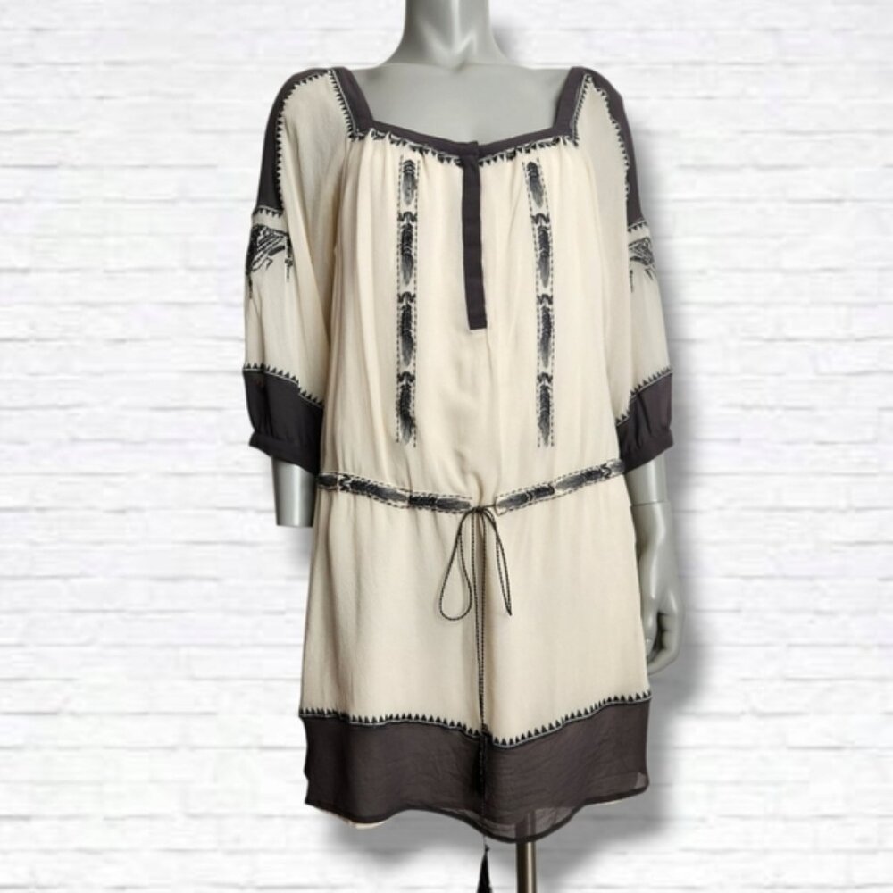 Club Monaco Silk Embroidered 3/4 Sleeve Boho Mini Dress Size 6